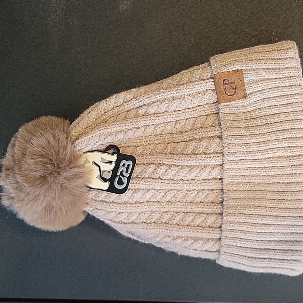 Fur Lined Shimmery Beanie Pom Hat - NWT